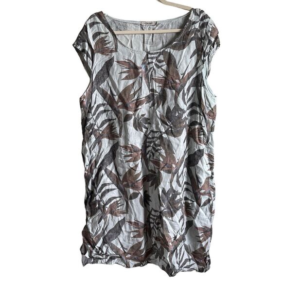 Lungo L'Arno Women's Tropical Print Linen Shift‎ Midi Dress Brown Tan 1X B2 - Picture 1 of 8